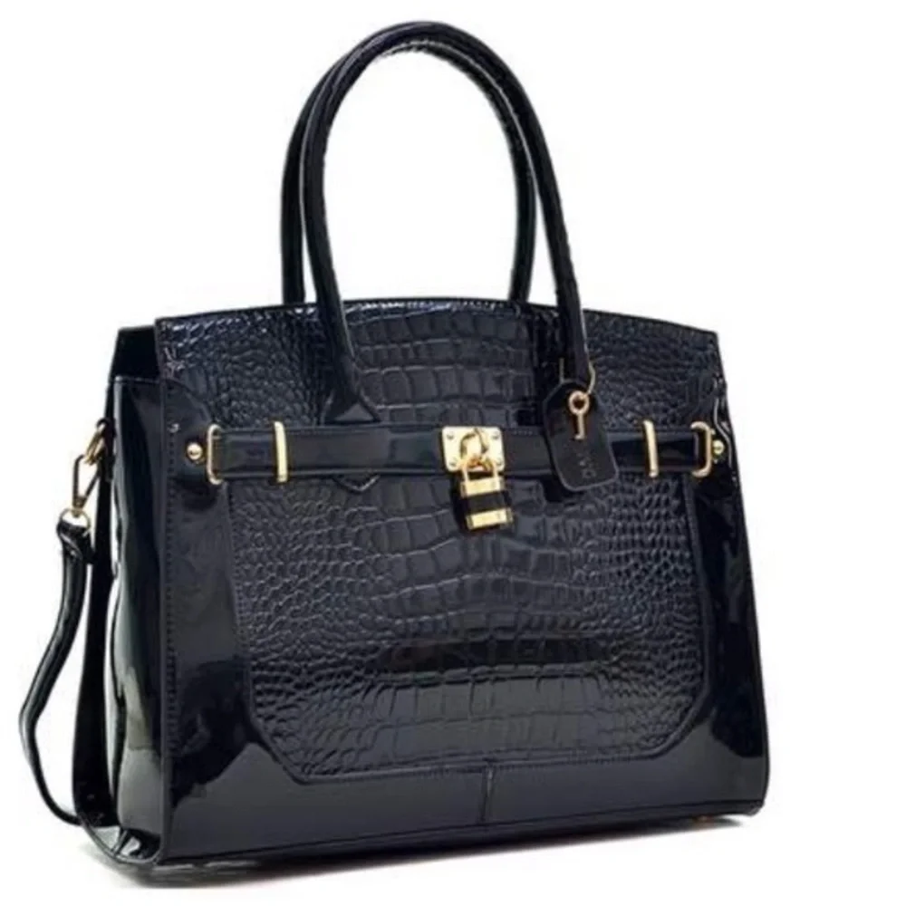 Dasein black crocodile embossed faux patent leather satchel/crossbody handbag